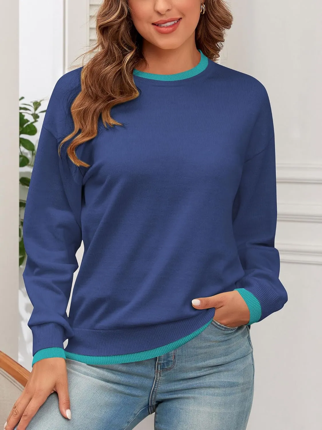 ZAFUL Women's Crewneck Sweaters Striped Colorblock Casual Pullover 2024 Fall Ribbed Knit Tops