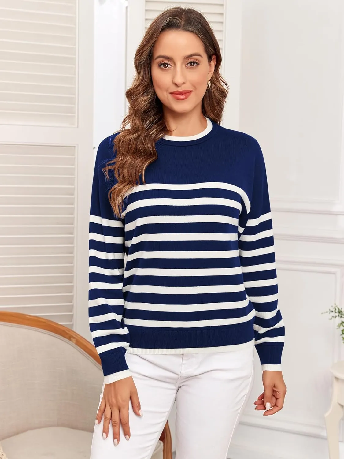 ZAFUL Women's Crewneck Sweaters Striped Colorblock Casual Pullover 2024 Fall Ribbed Knit Tops