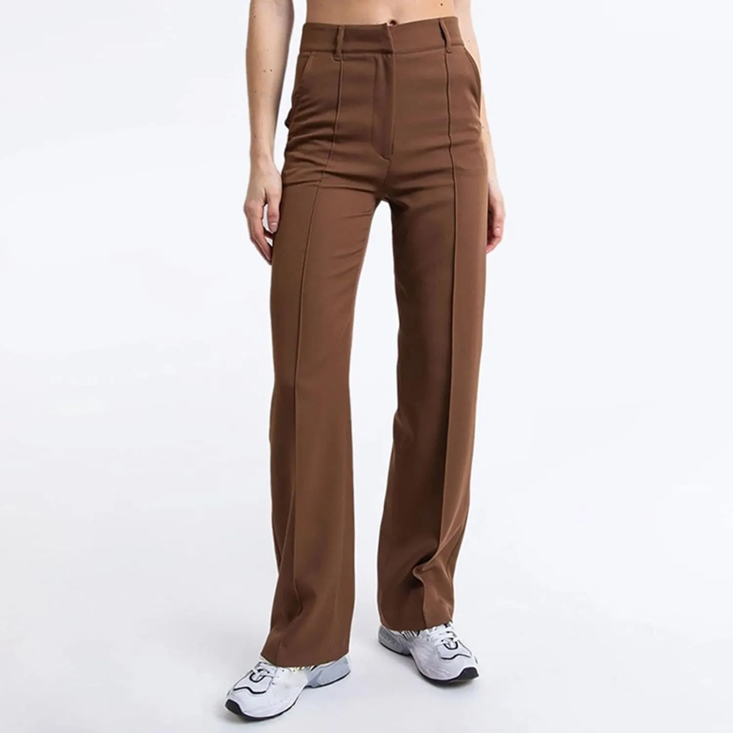 ZYXTIM Women's High Waist Straight Pants Flat Front Smart Work Trousers Zipper Fly Business Casual Trouser Petite-Plus Size