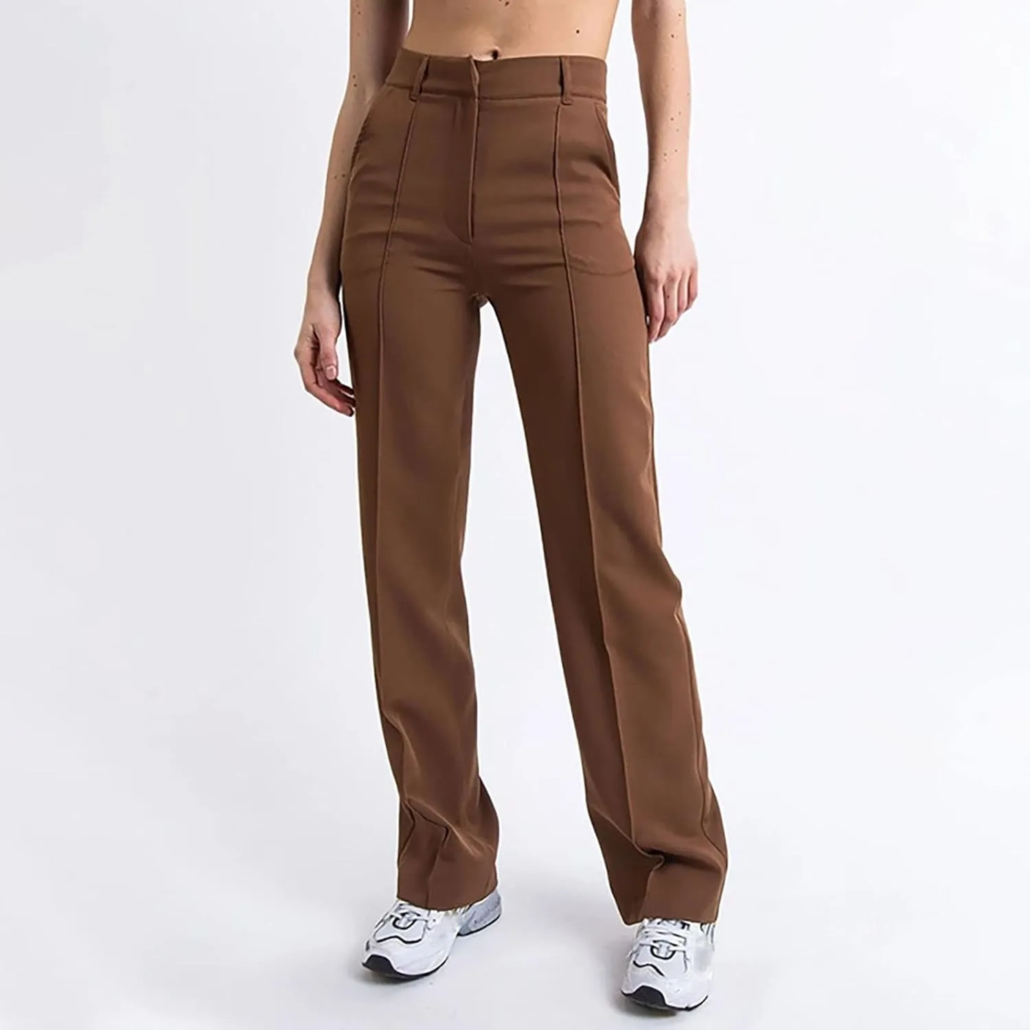 ZYXTIM Women's High Waist Straight Pants Flat Front Smart Work Trousers Zipper Fly Business Casual Trouser Petite-Plus Size